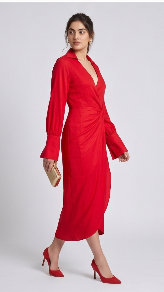 Woman wearing a red dress with long sleeves on a white background
