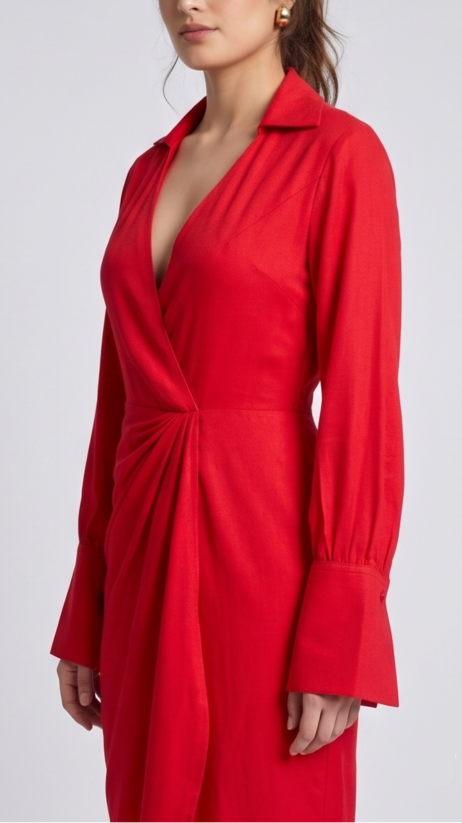 Red dress worn by a model on a white background