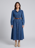 Classic Button-Down Denim Midi Dress with Belt