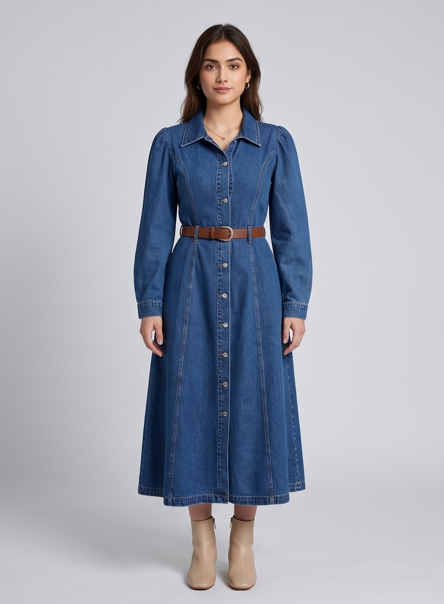Classic Button-Down Denim Midi Dress with Belt