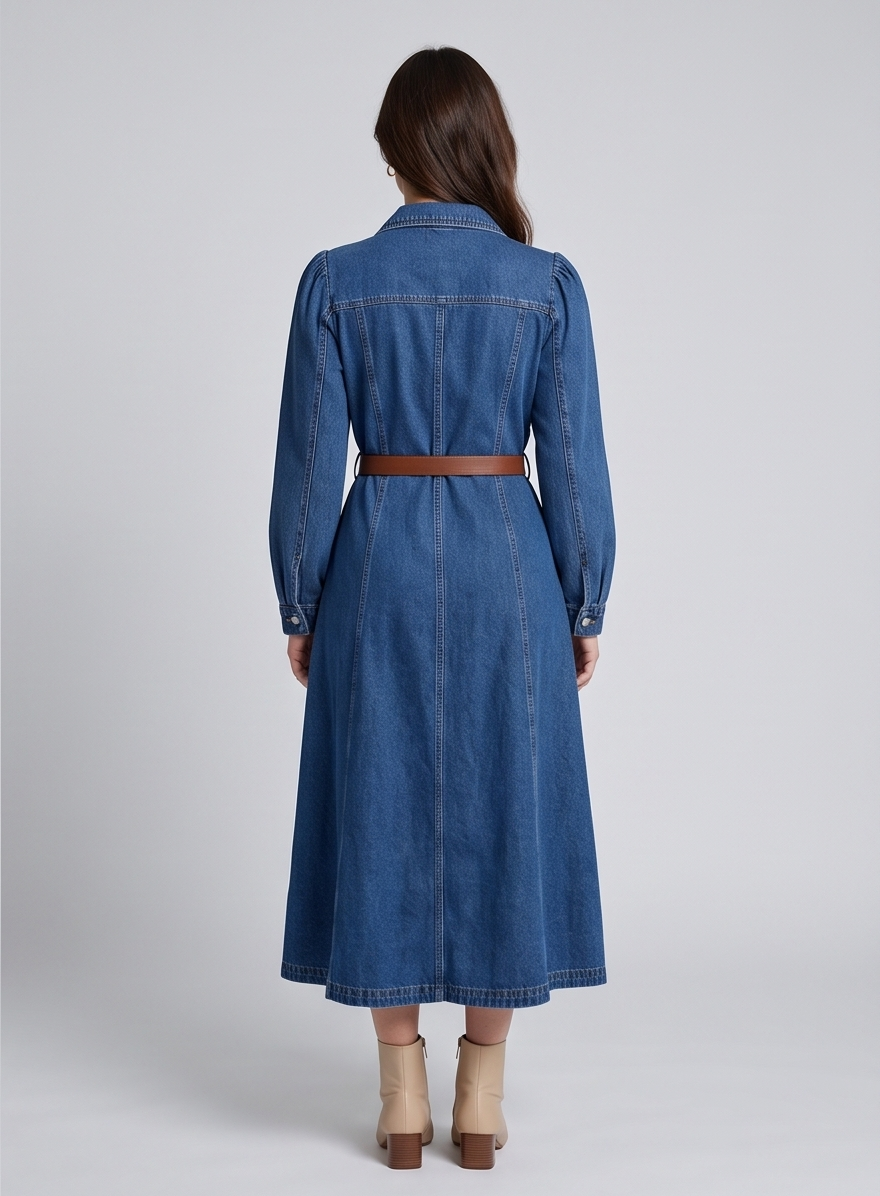 Classic Button-Down Denim Midi Dress with Belt