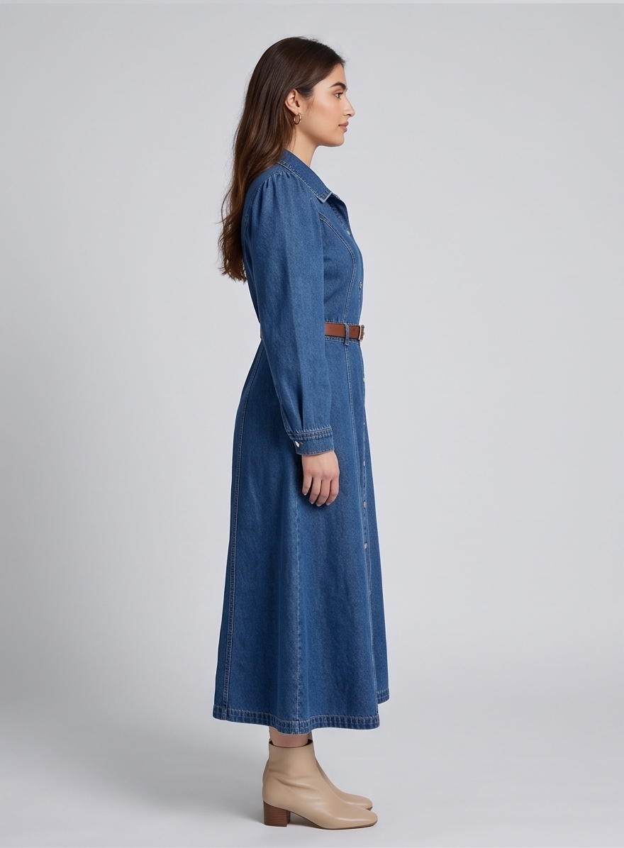 Classic Button-Down Denim Midi Dress with Belt