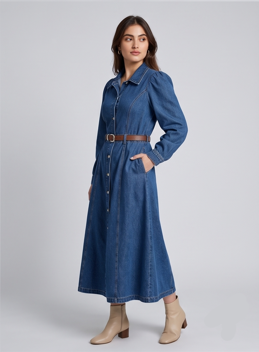 Woman wearing a blue denim dress with a brown belt on a gray background