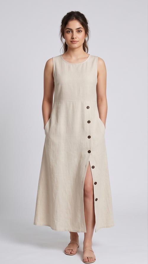 Woman wearing a beige sleeveless dress with buttons on a white background