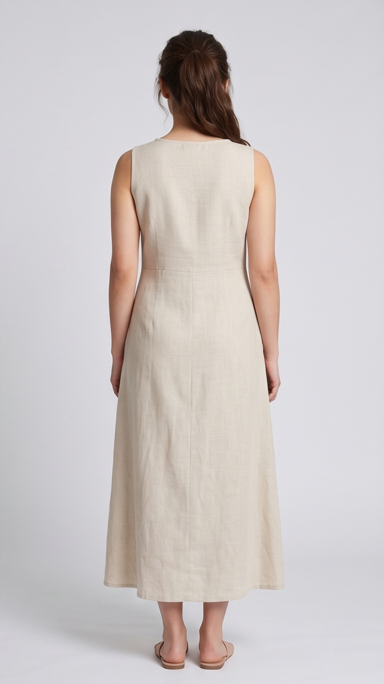 Woman wearing a beige sleeveless dress against a white background