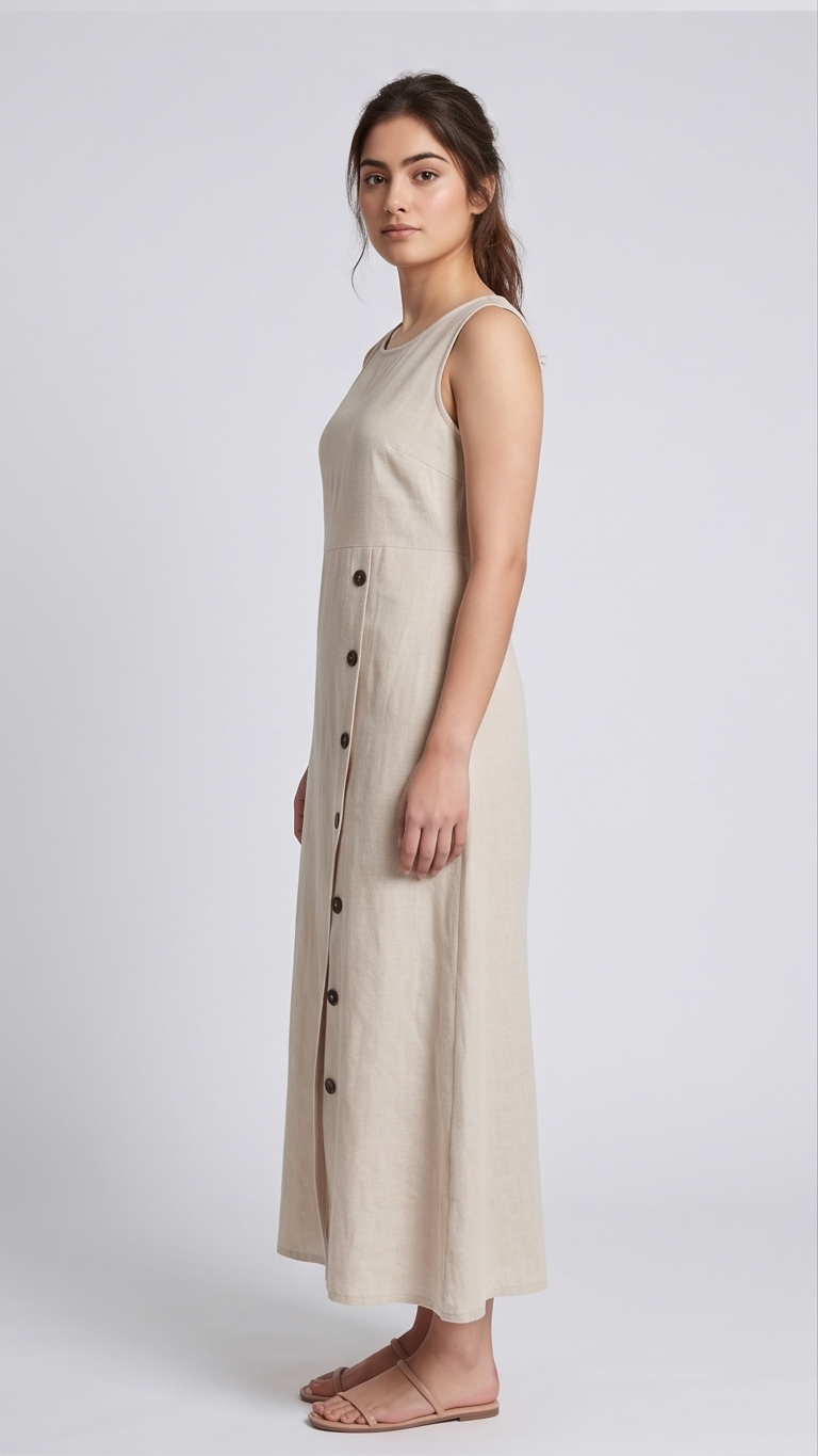 Woman wearing a beige sleeveless dress with buttons on a white background