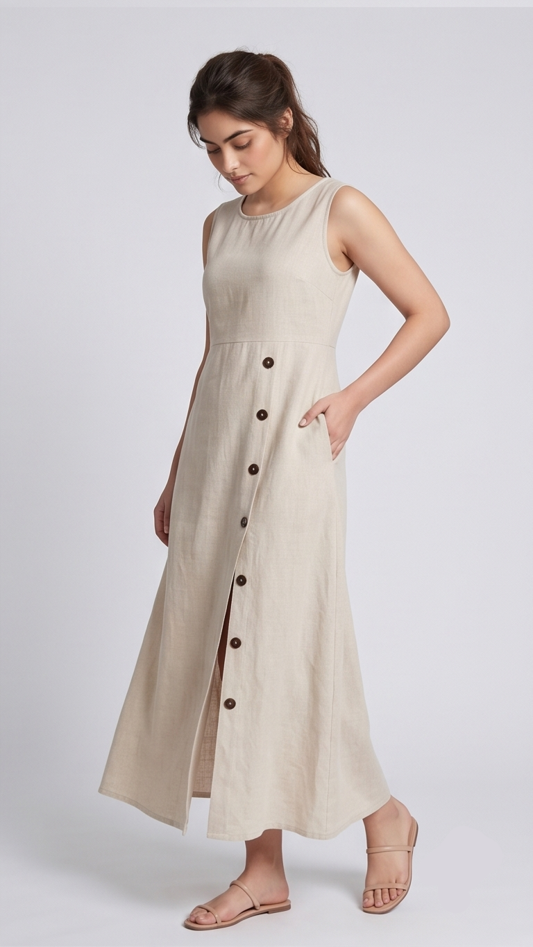 Woman wearing a beige sleeveless dress with buttons on a white background