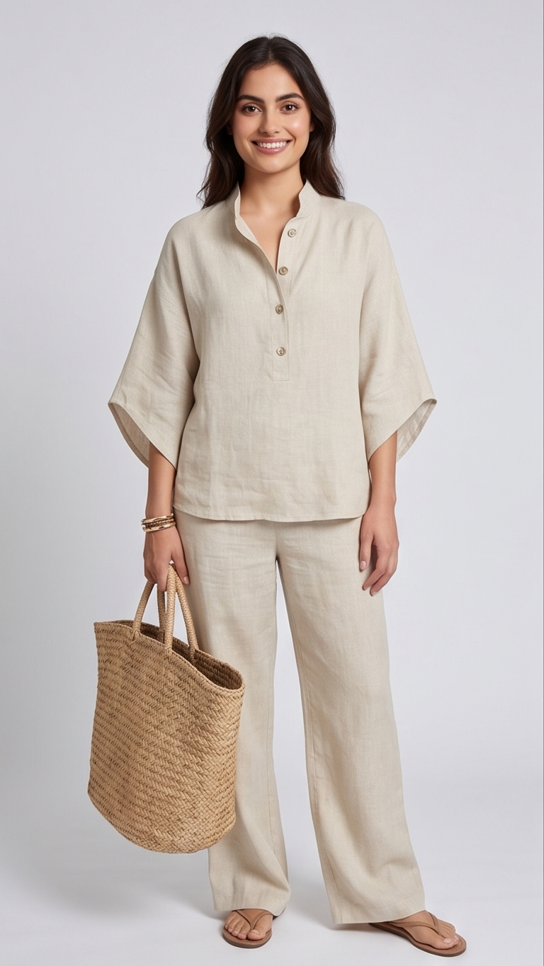 Woman wearing a beige linen outfit holding a straw bag on a plain background