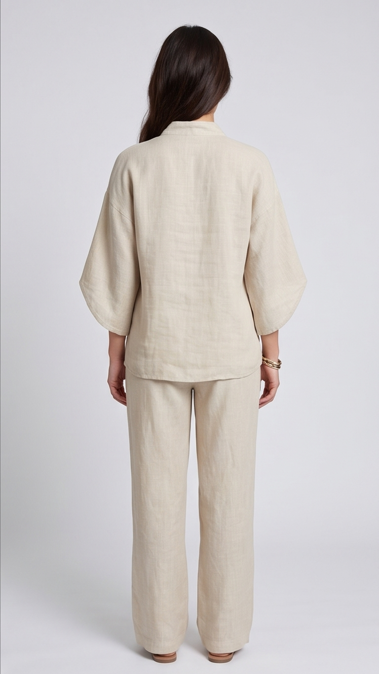 Woman wearing a beige linen suit on a white background