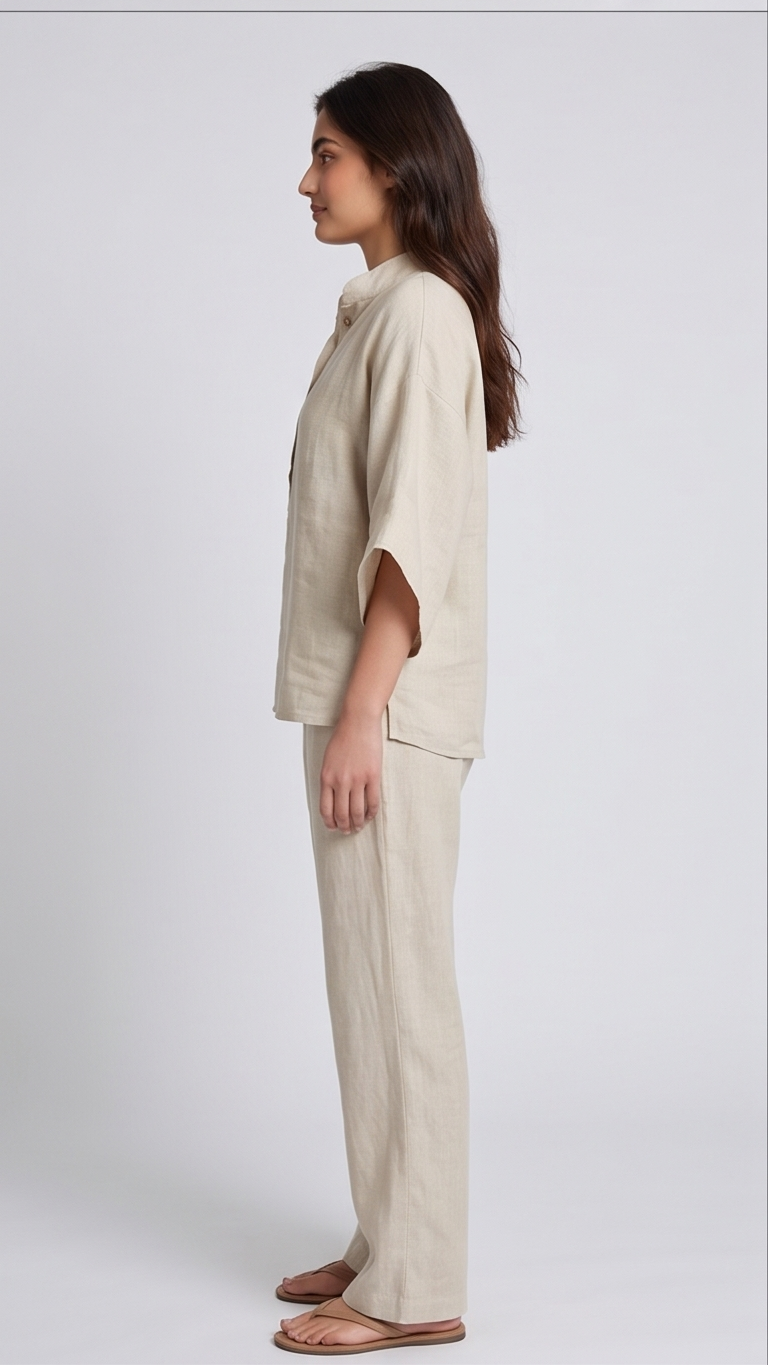 Woman wearing a beige outfit standing against a white background