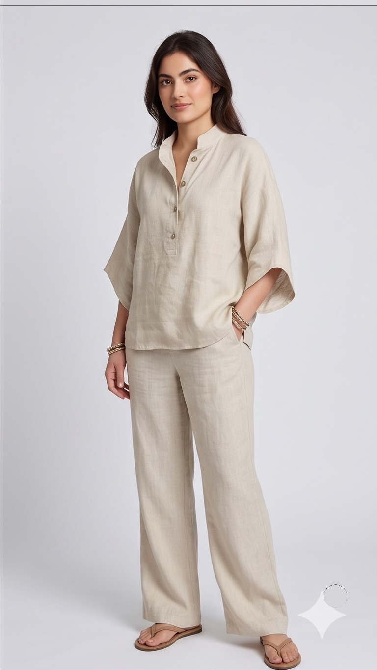 Woman wearing a beige outfit on a white background