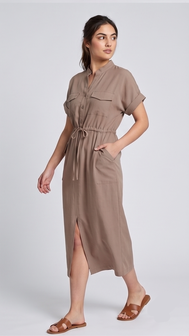Woman wearing a brown dress with a white background