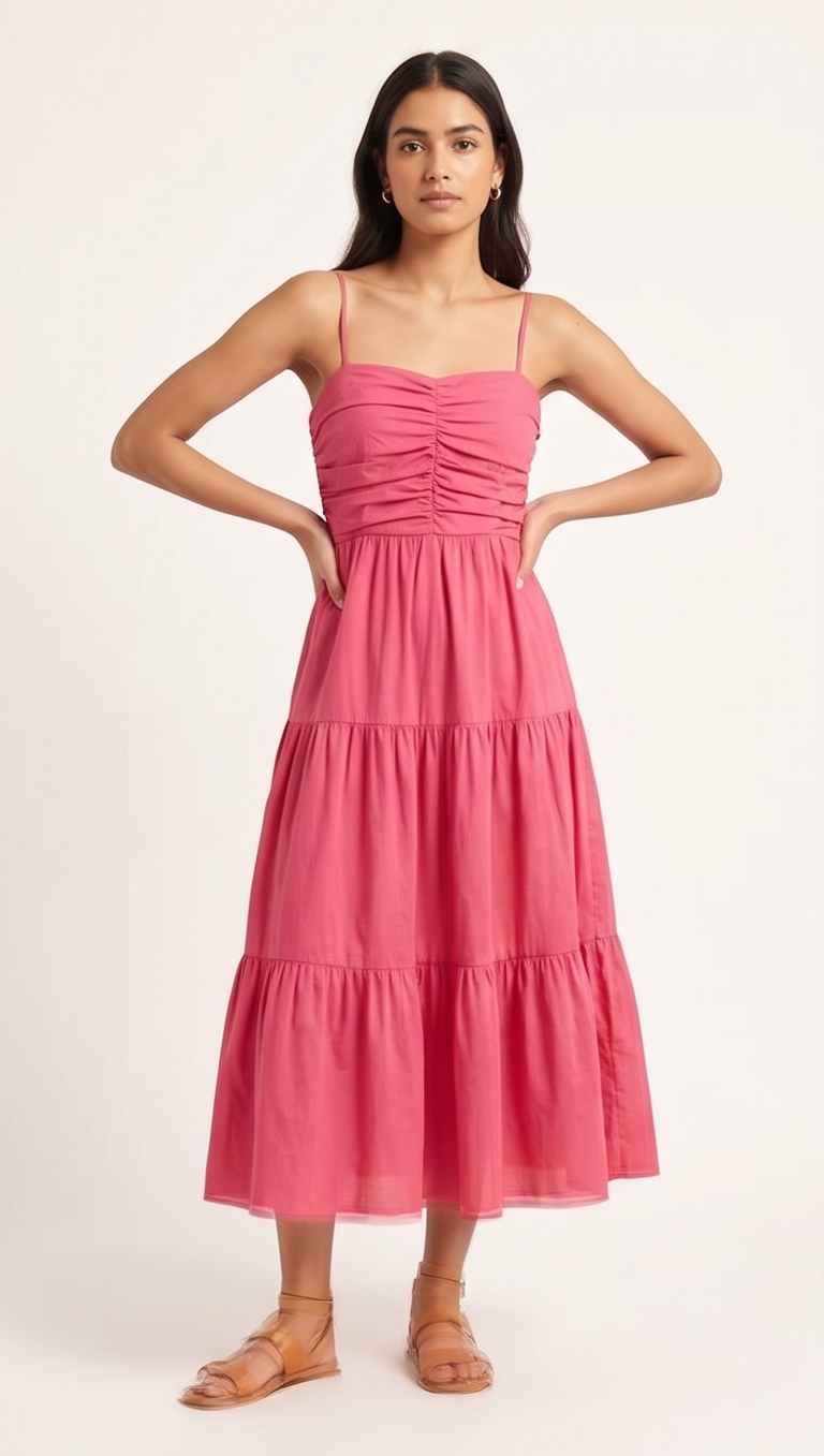 Woman wearing a pink tiered dress on a white background