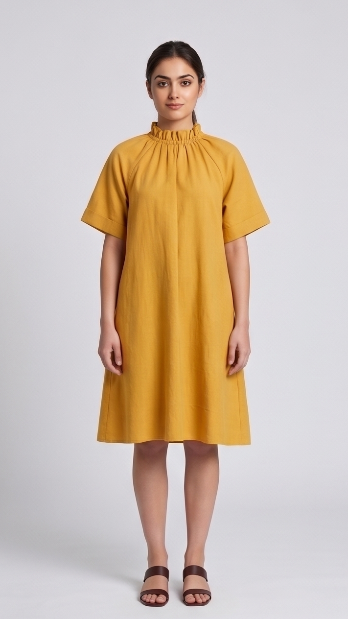 Woman wearing a yellow dress on a white background