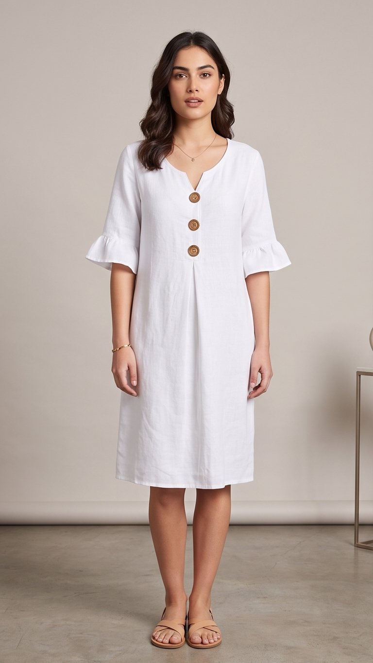 Woman wearing a white dress with wooden buttons against a neutral background