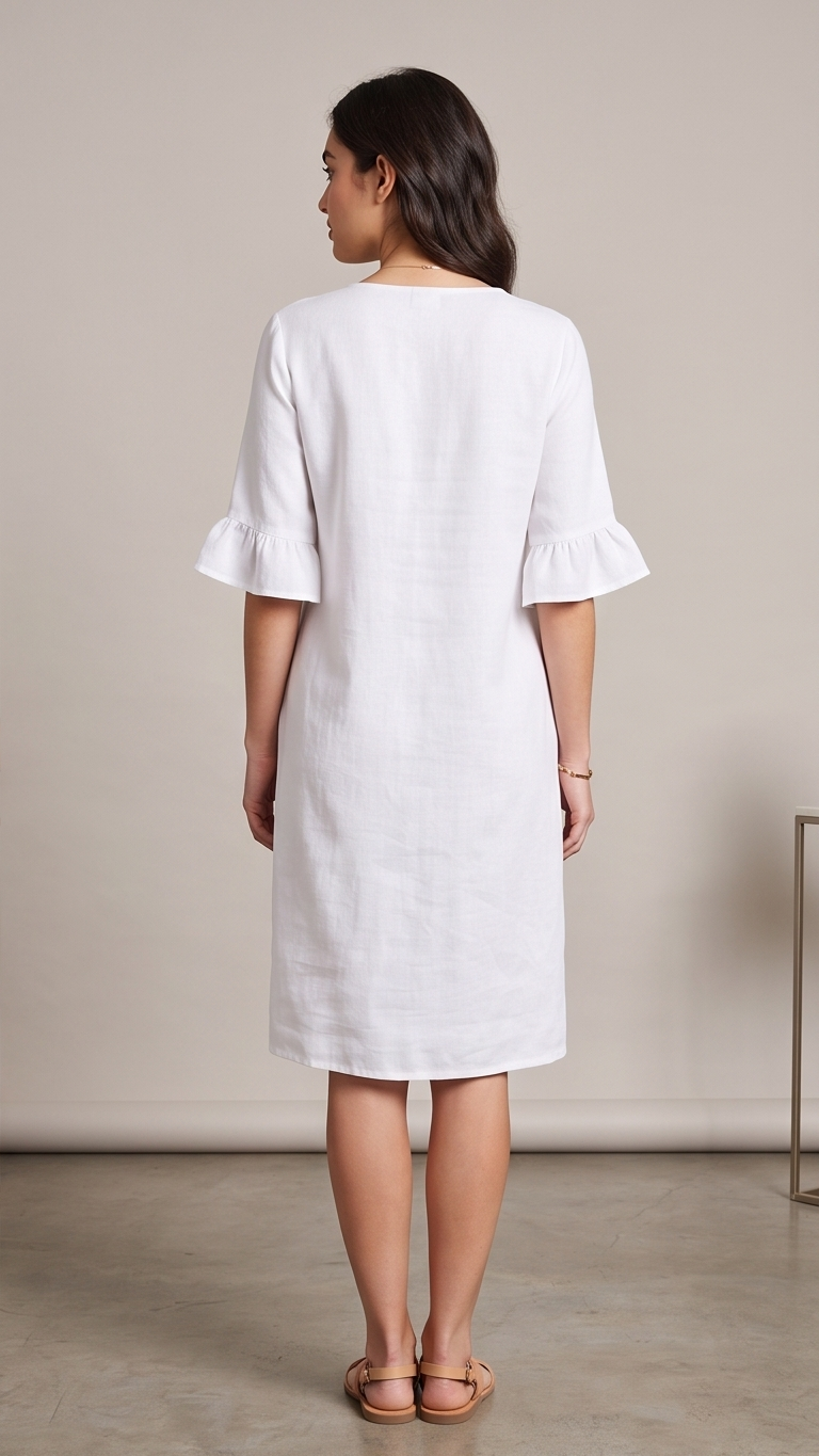 Woman wearing a white dress with ruffled sleeves against a plain background