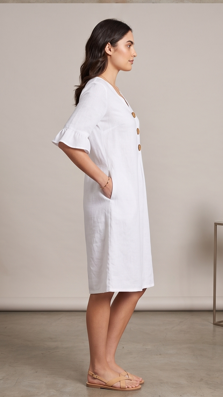Woman wearing a white dress with gold buttons against a plain background