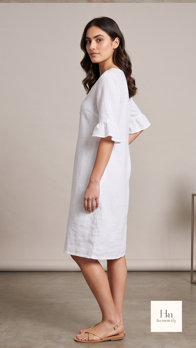Woman wearing a white dress with ruffled sleeves against a neutral background