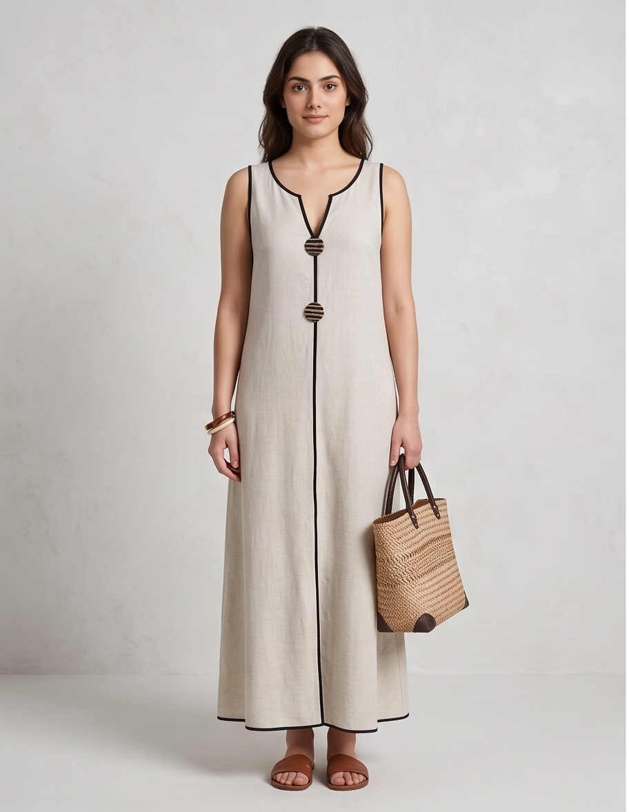 Sleeveless Linen-Blend V-Neck Maxi Column Dress with Decorative Toggles