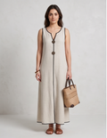Sleeveless Linen-Blend V-Neck Maxi Column Dress with Decorative Toggles