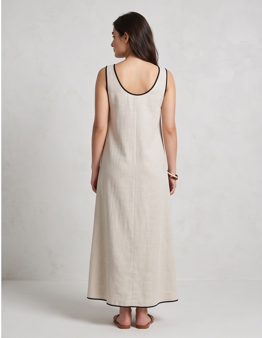 Sleeveless Linen-Blend V-Neck Maxi Column Dress with Decorative Toggles