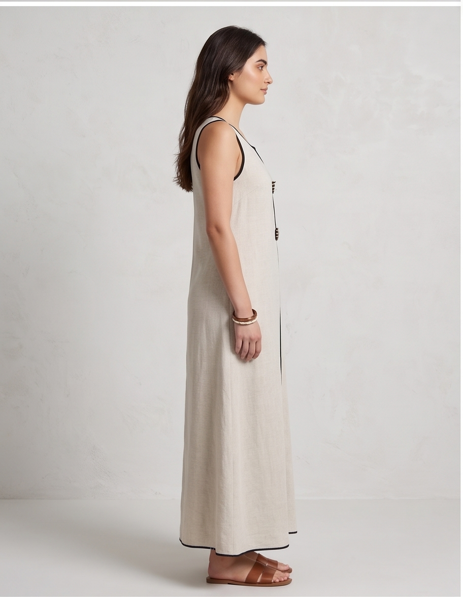 Sleeveless Linen-Blend V-Neck Maxi Column Dress with Decorative Toggles