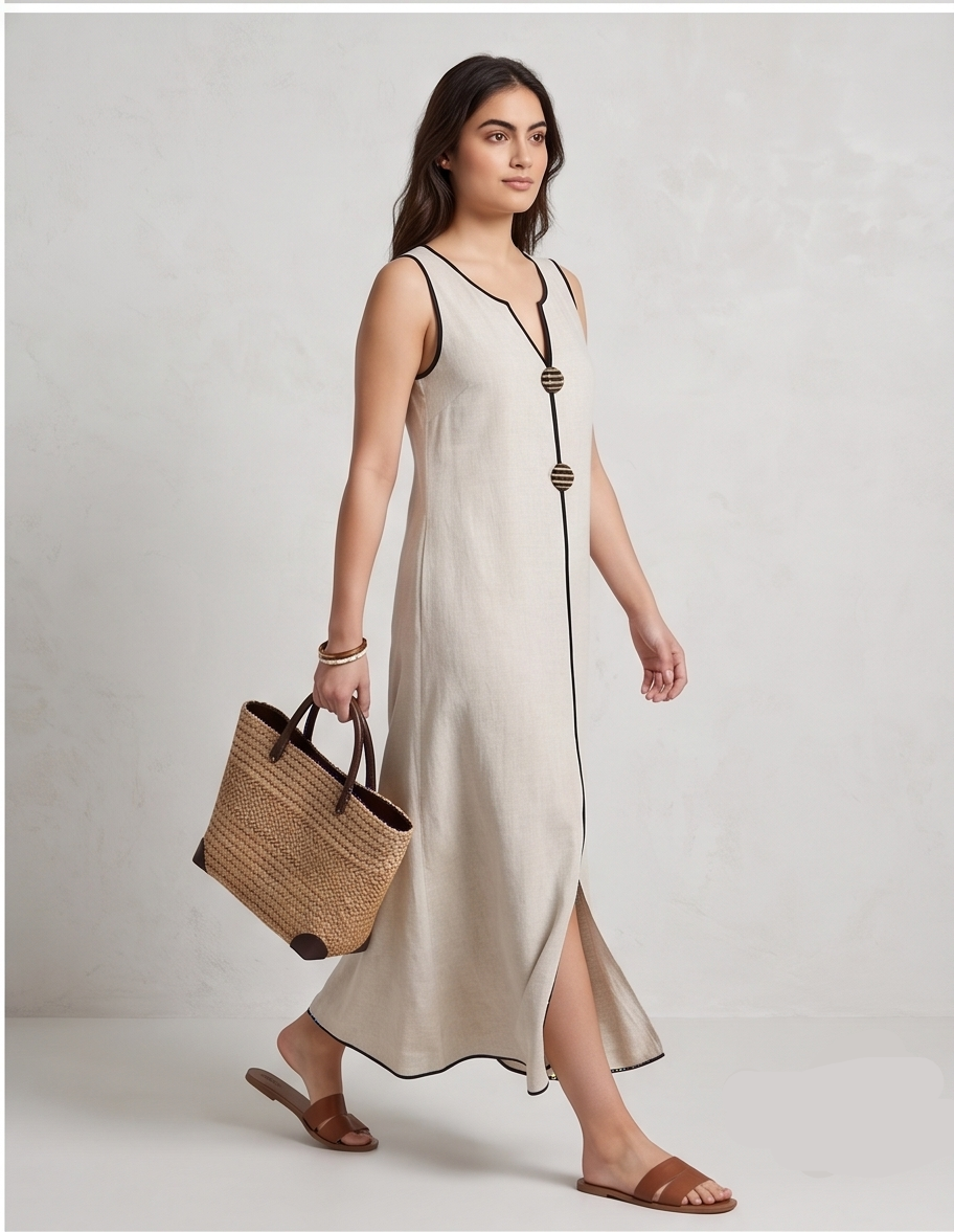 Sleeveless Linen-Blend V-Neck Maxi Column Dress with Decorative Toggles