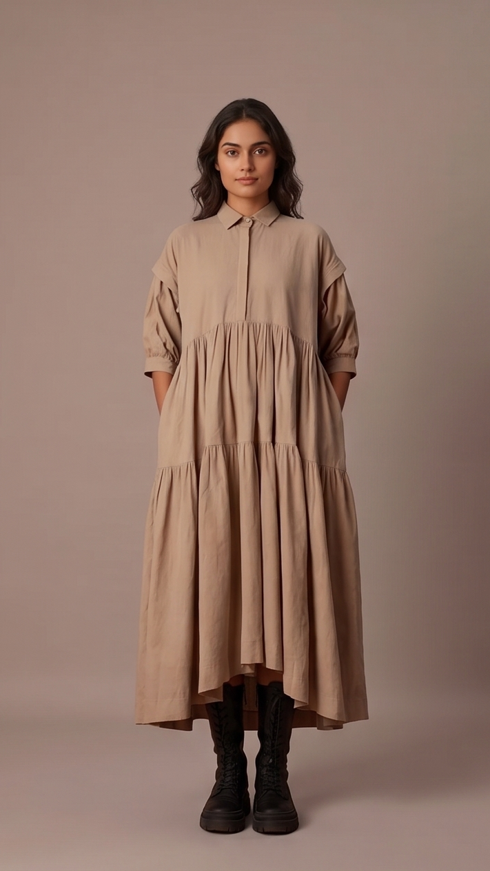 Woman wearing a beige dress against a plain background