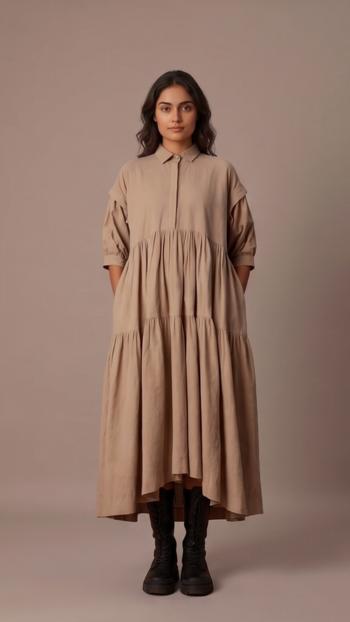 Woman wearing a beige dress against a plain background