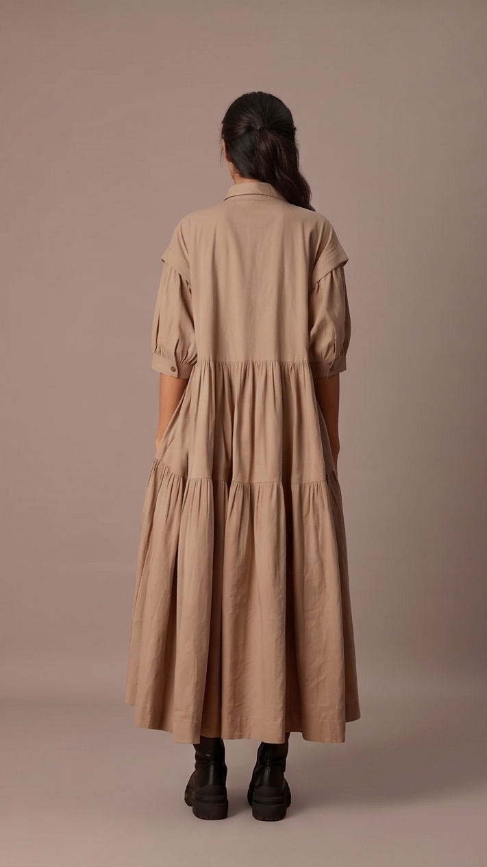 Woman wearing a beige dress