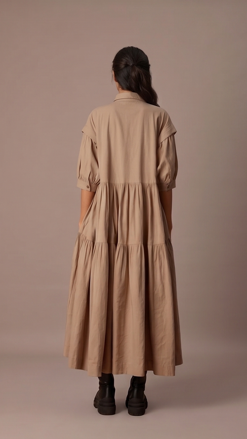 Woman wearing a beige dress