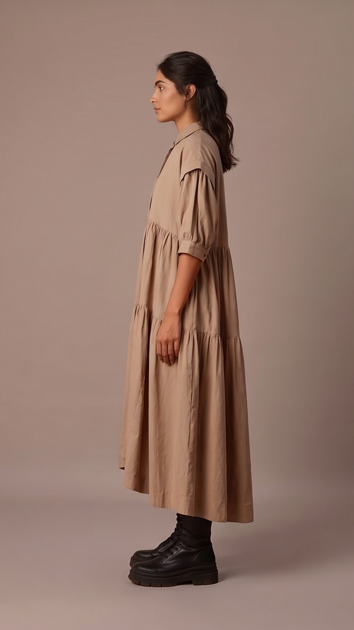 Woman wearing a beige dress 
