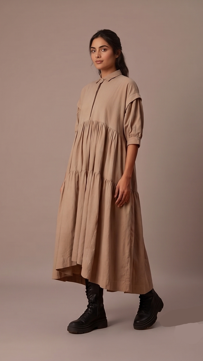 Woman wearing a beige dress against a plain background