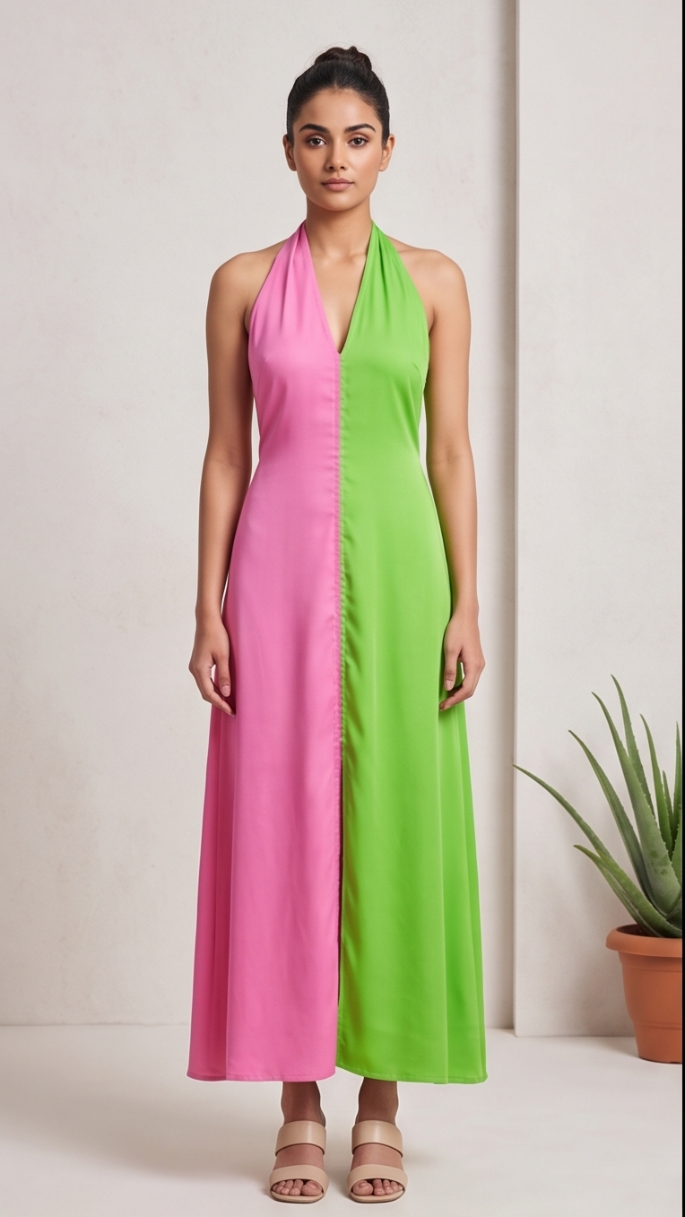 Woman wearing a pink and green dress against a plain background