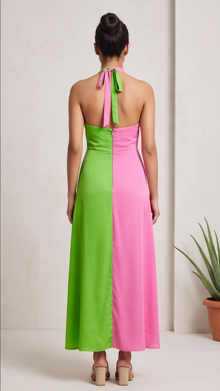 Woman wearing a green and pink halter neck dress against a plain background