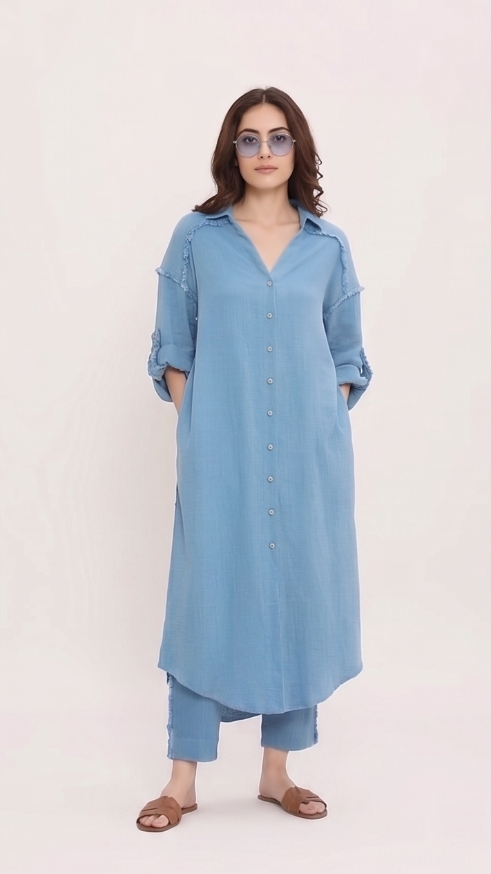 Woman wearing a long sky-blue shirt and pants on a white background