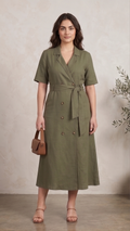 Olive Green Double-Breasted Midi Dress with Tie Waist