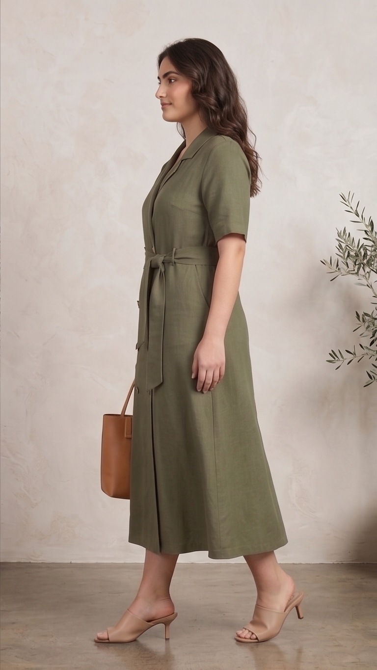 Olive Green Double-Breasted Midi Dress with Tie Waist
