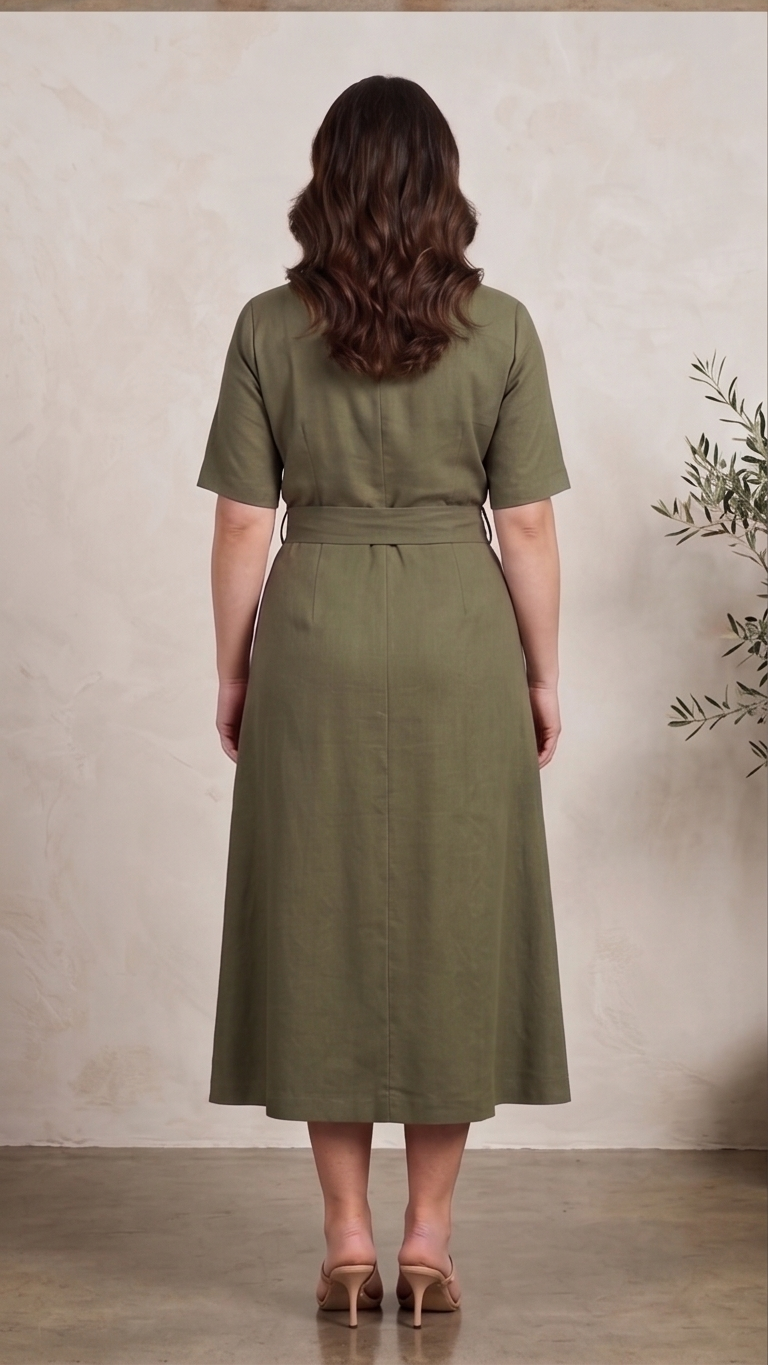 Olive Green Double-Breasted Midi Dress with Tie Waist