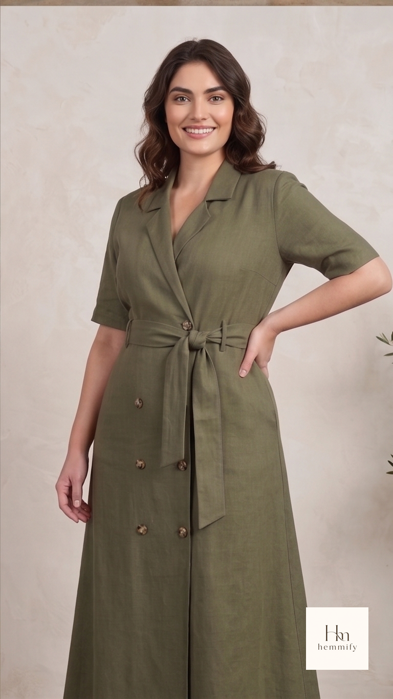Olive Green Double-Breasted Midi Dress with Tie Waist