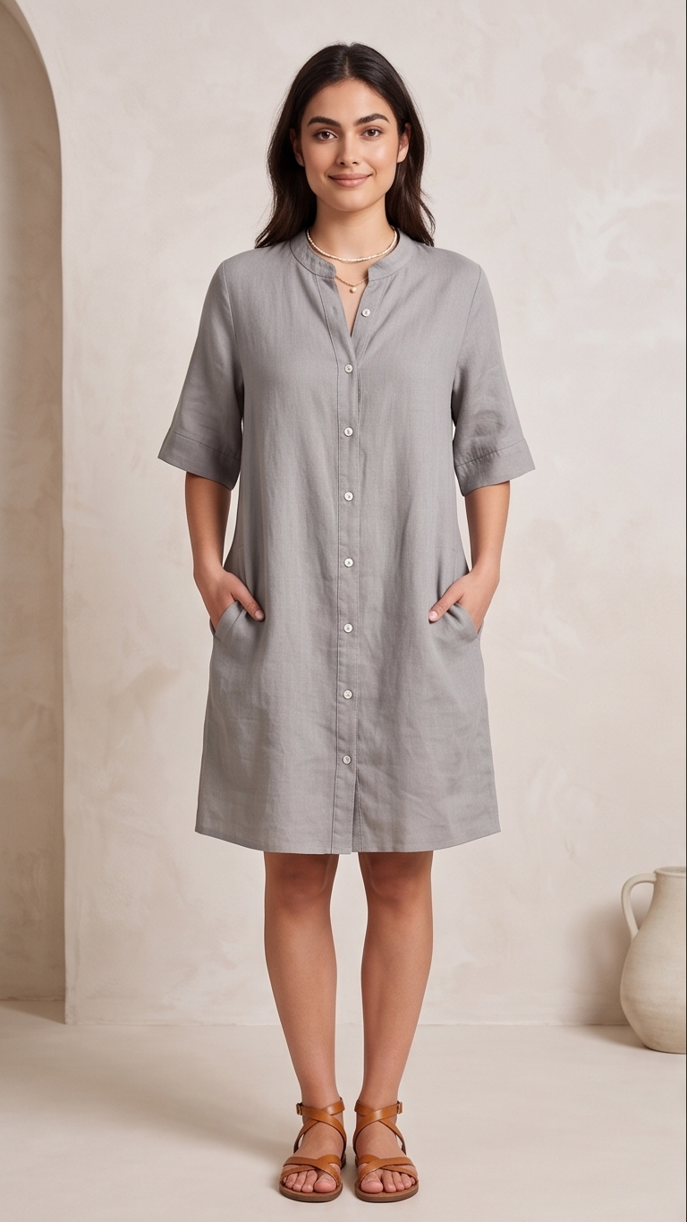 Woman wearing a gray dress with a neutral background