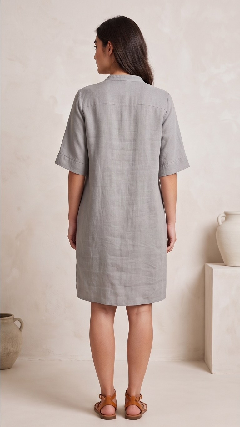 Woman wearing a gray checkered dress standing in a minimalistic room.