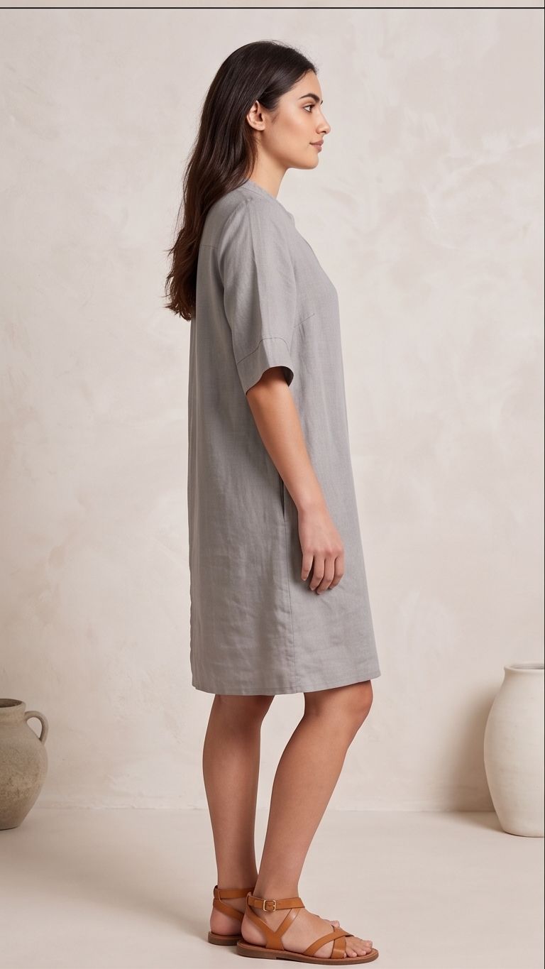 Woman wearing a gray dress standing against a plain background