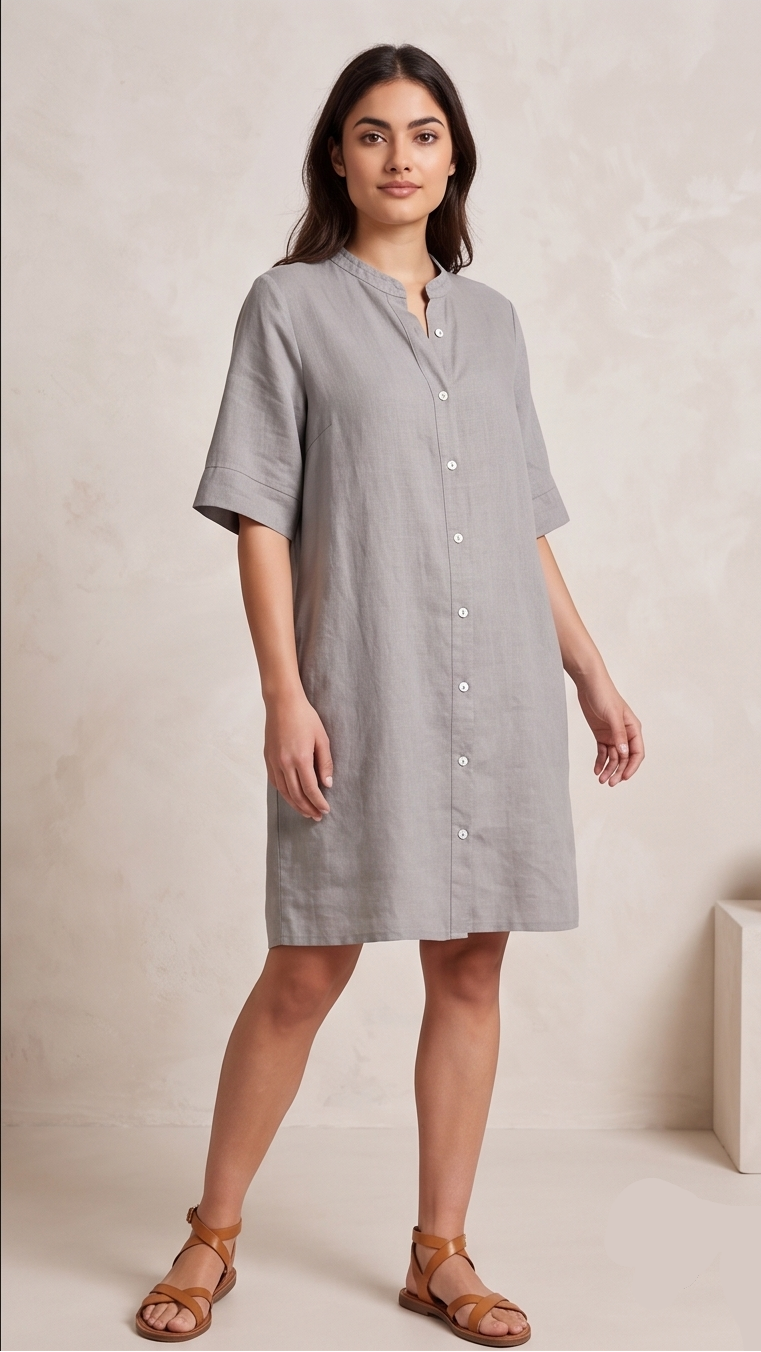 Woman wearing a gray shirt dress against a plain background