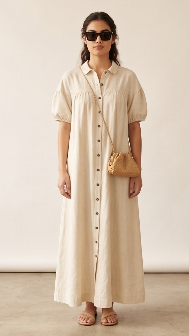 Woman wearing a long beige dress with a small handbag against a plain background