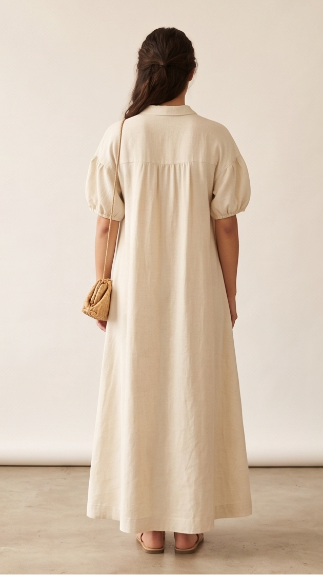 Woman wearing a long beige dress against a plain background