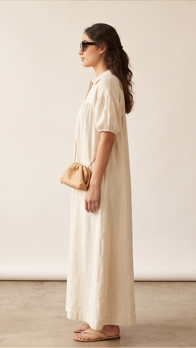 Woman in a long beige dress holding a small handbag against a plain background