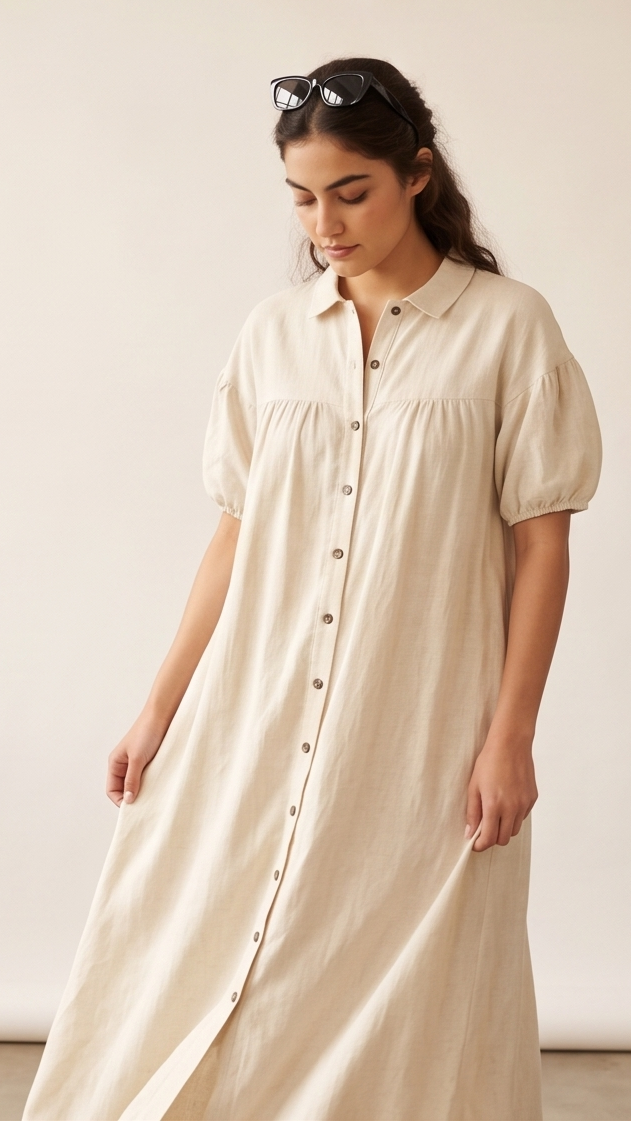Woman wearing a beige button-up dress against a plain background.