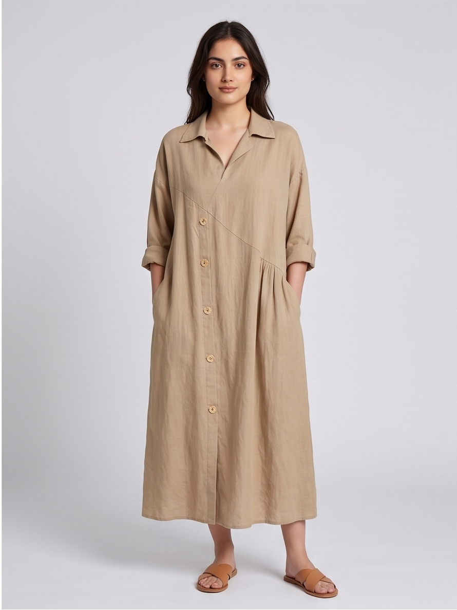 Woman wearing a beige button-up dress on a white background