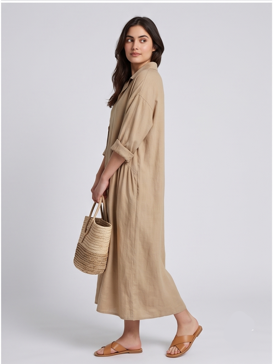 Woman wearing a beige dress holding a woven bag on a plain background